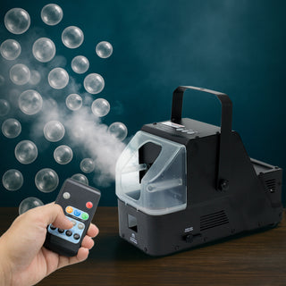 Bubble machine with remote control, producing bubbles and mist.