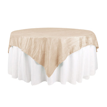 72"x72" Beige Accordion Crinkle Taffeta Table Overlay, Square Tablecloth Topper