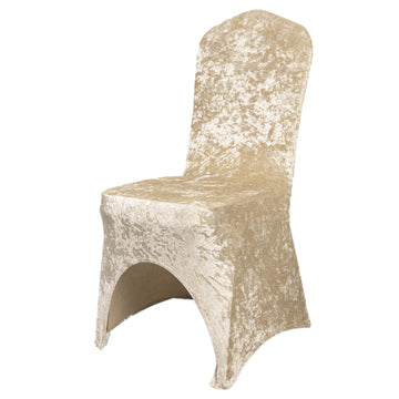 Beige Crushed Velvet Spandex Stretch Wedding Chair Cover With Foot Pockets, Fitted Banquet Chair Cover - 190 GSM
