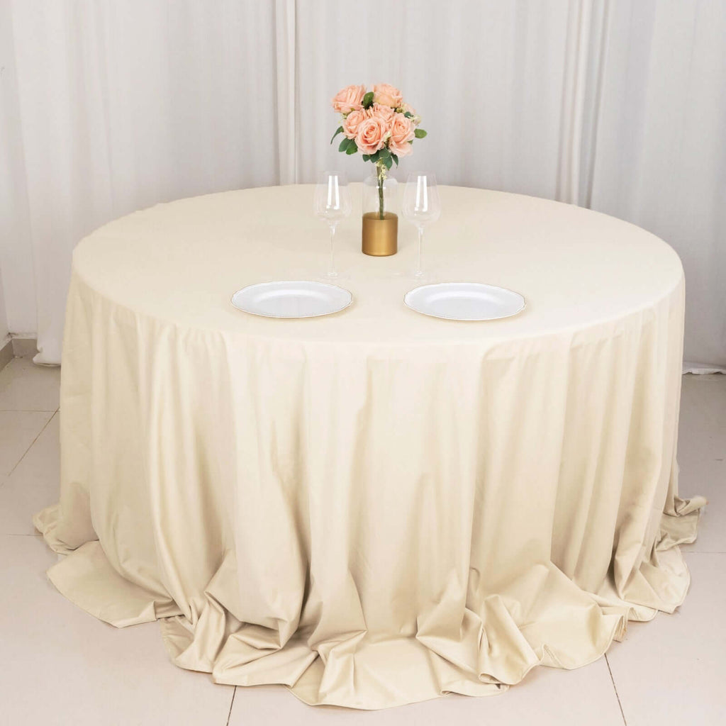 132" Beige Premium Scuba Wrinkle Free Round Tablecloth, Seamless Scuba 132" Beige Premium Scuba Wrinkle Free Round Tablecloth, Seamless Scuba