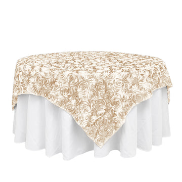 72"x72" Beige 3D Rosette Satin Table Overlay, Square Tablecloth Topper