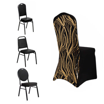 Black Gold Spandex Fitted Banquet Chair Cover With Wave Embroidered Sequins