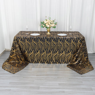 Elevate Your Event with the Black Gold Wave Mesh Tablecloth