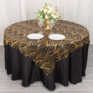 Black Gold Wave Mesh Square Table Overlay With Embroidered Sequins Black Gold Wave Mesh Square Table Overlay With Embroidered Sequins