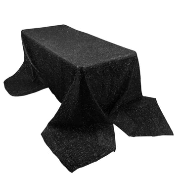 90"x156" Black Metallic Premium Tinsel Shag Rectangular Tablecloth, Shimmery Metallic Fringe Polyester Tablecloth