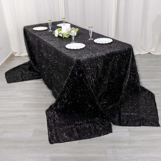 Experience Unparalleled Elegance with the Black Metallic Premium Tinsel Shag Rectangular Tablecloth Experience Unparalleled Elegance with the Black Metallic Premium Tinsel Shag Rectangular Tablecloth