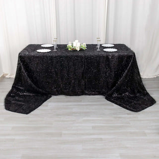 Elevate Your Event with the Black Metallic Tinsel Shag Rectangular Tablecloth Elevate Your Event with the Black Metallic Tinsel Shag Rectangular Tablecloth