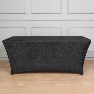 Add Glamour to Your Event with the 72"x30" Black Metallic Shimmer Tinsel Spandex Table Cover Add Glamour to Your Event with the 72"x30" Black Metallic Shimmer Tinsel Spandex Table Cover