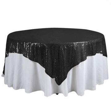 90"x90" Black Premium Sequin Square Table Overlay, Sparkly Table Overlay