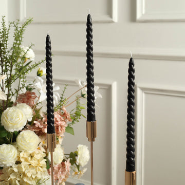 12 Pack 11" Black Premium Unscented Spiral Wax Taper Candles, Long Burn Wick Dinner Candle Sticks