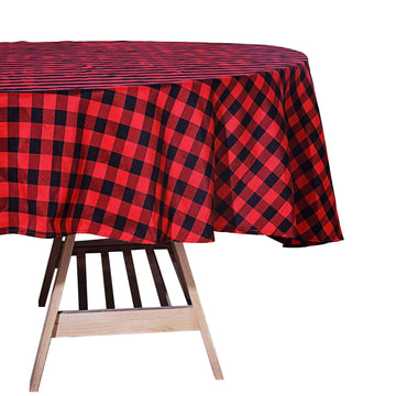 70" Black Red Seamless Buffalo Plaid Round Tablecloth, Gingham Polyester Checkered Tablecloth