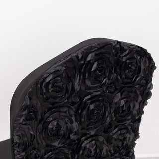 Add Glamour and Elegance with the Black Satin Rosette Spandex Stretch Banquet Chair Cover Add Glamour and Elegance with the Black Satin Rosette Spandex Stretch Banquet Chair Cover