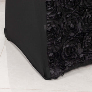 Enhance Your Event Decor with the Black Satin Rosette Spandex Stretch Banquet Chair Cover Enhance Your Event Decor with the Black Satin Rosette Spandex Stretch Banquet Chair Cover
