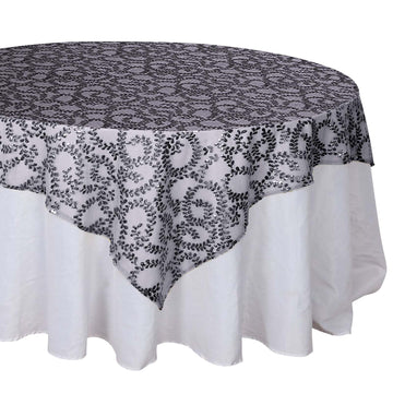 72"x72" Black Sequin Leaf Embroidered Seamless Tulle Table Overlay, Square Sheer Table Topper
