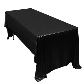 60"x126" Black Shimmer Sequin Dots Polyester Tablecloth, Wrinkle Free Sparkle Glitter Table Cover
