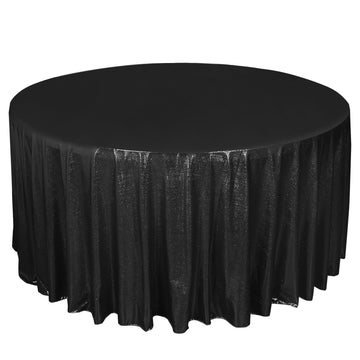 120" Black Shimmer Sequin Dots Polyester Tablecloth, Wrinkle Free Sparkle Glitter Table Cover