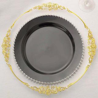 Elegant Black / Silver Beaded Rim Disposable Dinner Plates Elegant Black / Silver Beaded Rim Disposable Dinner Plates