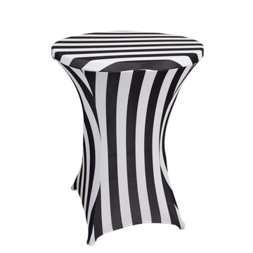 32" Black White Striped Spandex Fitted Cocktail Table Cover - 160 GSM