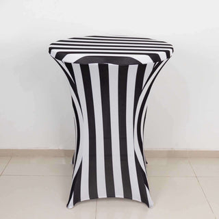 Elegant Black and White Striped Spandex Fitted Cocktail Table Cover Elegant Black and White Striped Spandex Fitted Cocktail Table Cover