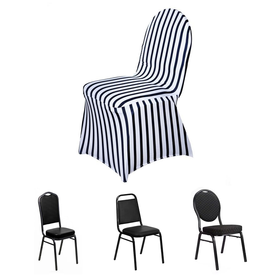 Black/White Striped Spandex Stretch Banquet Chair Cover, Fitted Chair Cover With Foot Pockets