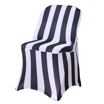 Black and White 2" Striped Spandex Stretch Fitted Folding Chair Cover With Foot Pockets - 160 GSM