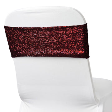 5 Pack Burgundy 6"x15" Sequin Spandex Chair Sashes, Stretch Fitted Chair Sashes
