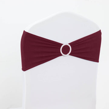 5 Pack 5"x14" Burgundy Spandex Stretch Chair Sashes with Silver Diamond Ring Slide Buckle