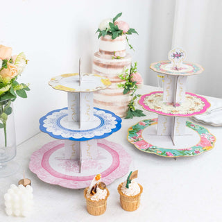 Elegant Pink 3-Tier Floral Cardboard Cupcake Stand Elegant Pink 3-Tier Floral Cardboard Cupcake Stand