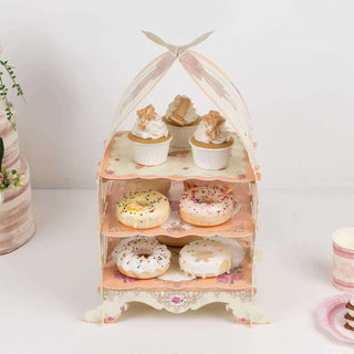 White Peach Floral Print Tiered Cupcake Holder Rack White Peach Floral Print Tiered Cupcake Holder Rack