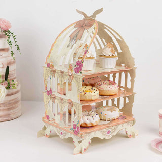 3 Tier White Peach Floral Print Birdcage Cardboard Cupcake Stand 3 Tier White Peach Floral Print Birdcage Cardboard Cupcake Stand