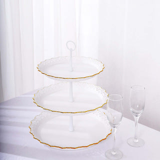 Delightful and Elegant: 15" White 3-Tier Plastic Cupcake Stand Tower With Lace Cut Gold Rim Delightful and Elegant: 15" White 3-Tier Plastic Cupcake Stand Tower With Lace Cut Gold Rim