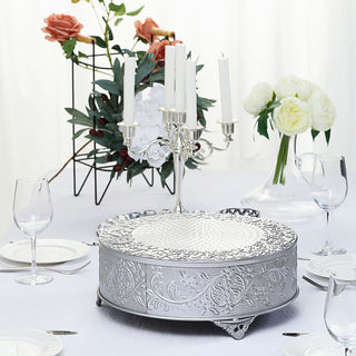 Elevate Your Dessert Display with the 14" Round Silver Embossed Cake Stand Elevate Your Dessert Display with the 14" Round Silver Embossed Cake Stand
