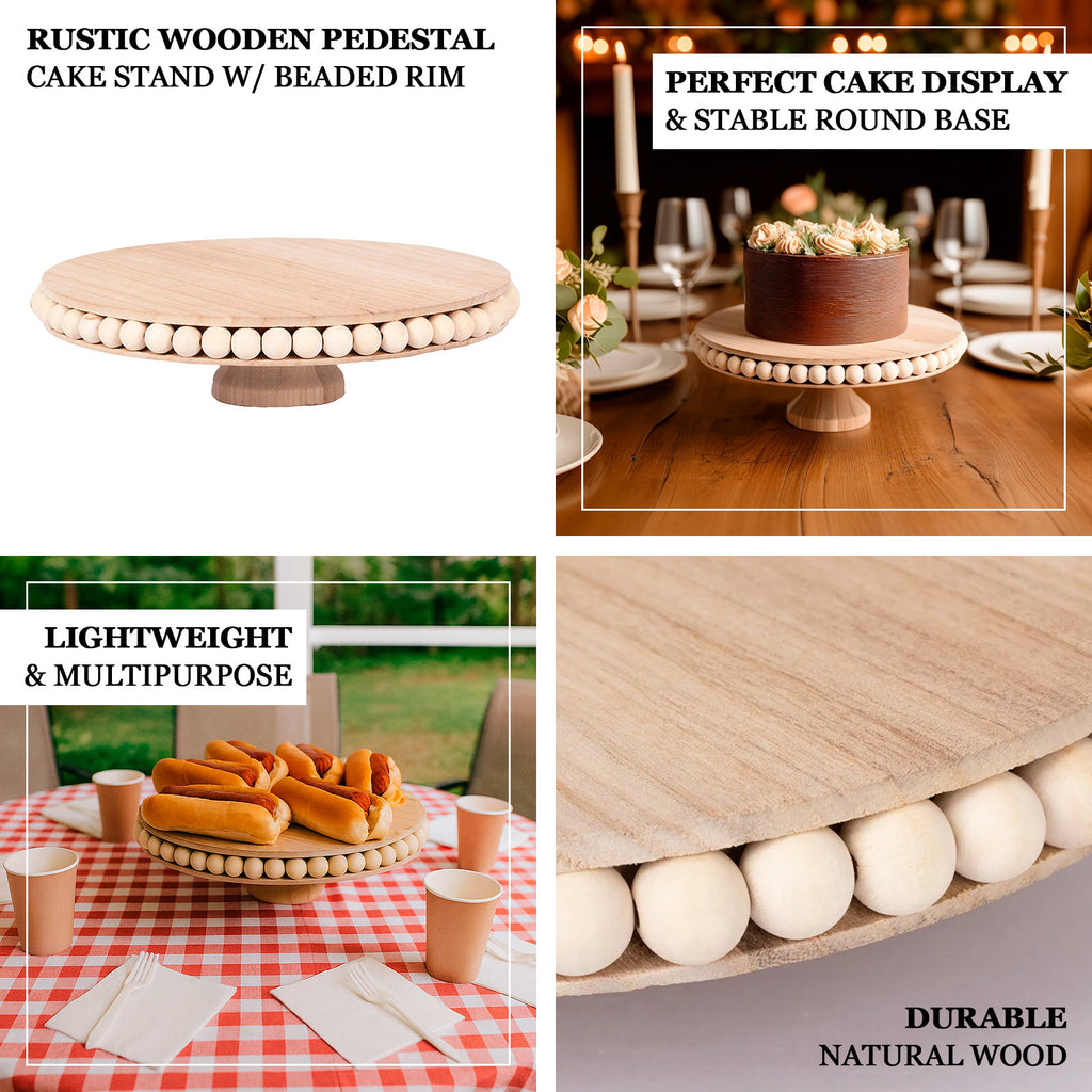 Beaded Edge Wooden Pedestal Cake Stand Natural 12