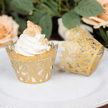 25 Pack Gold Butterfly Lace Pattern Paper Cupcake Wrappers, 3" Round Muffin Liner Cups