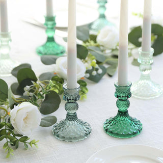 Add Elegance to Your Event with Assorted Green Diamond Pattern Glass Pillar Votive Candle Stands Add Elegance to Your Event with Assorted Green Diamond Pattern Glass Pillar Votive Candle Stands