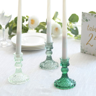 Upgrade Your Decor with Assorted Green Diamond Pattern Glass Pillar Votive Candle Stands