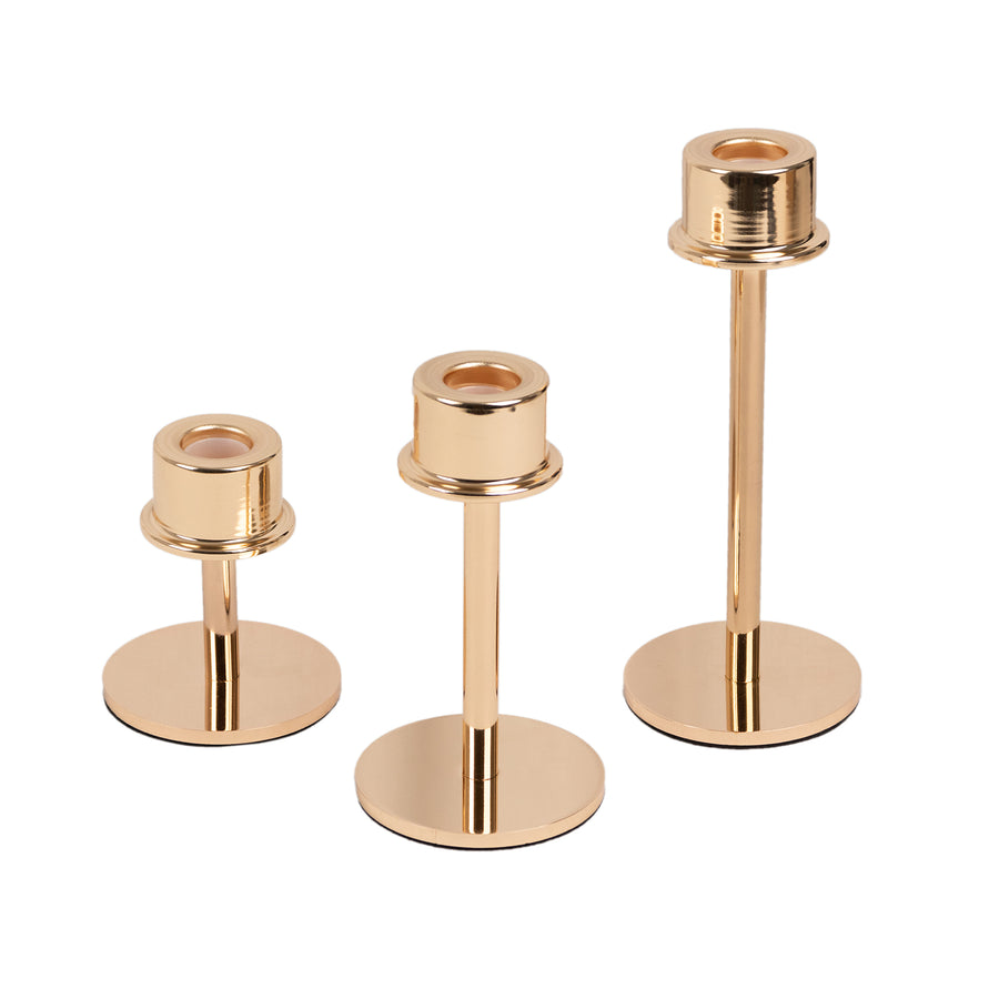 Set of 3 Gold Metal Taper Candle Stands with Round Base, Hurricane Candlestick Holders#whtbkgd