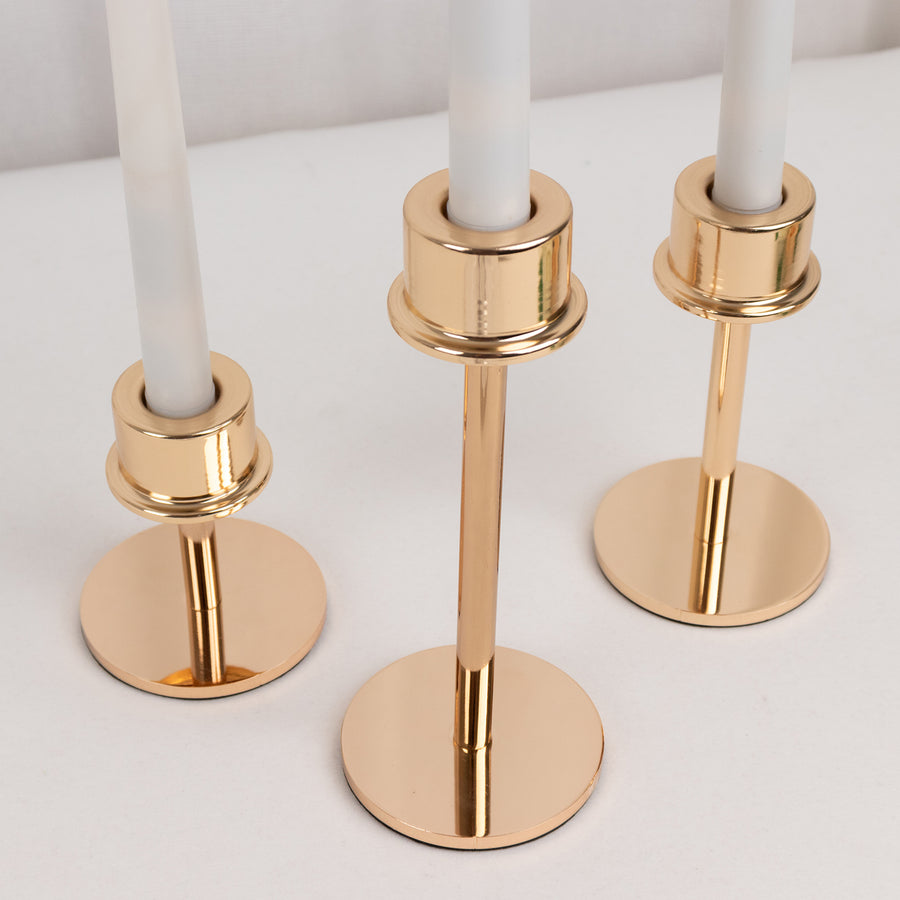 Set of 3 Gold Metal Taper Candle Stands with Round Base, Hurricane Candlestick Holders
