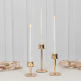 Set of 3 Gold Metal Taper Candle Stands with Round Base, Hurricane Candlestick Holders