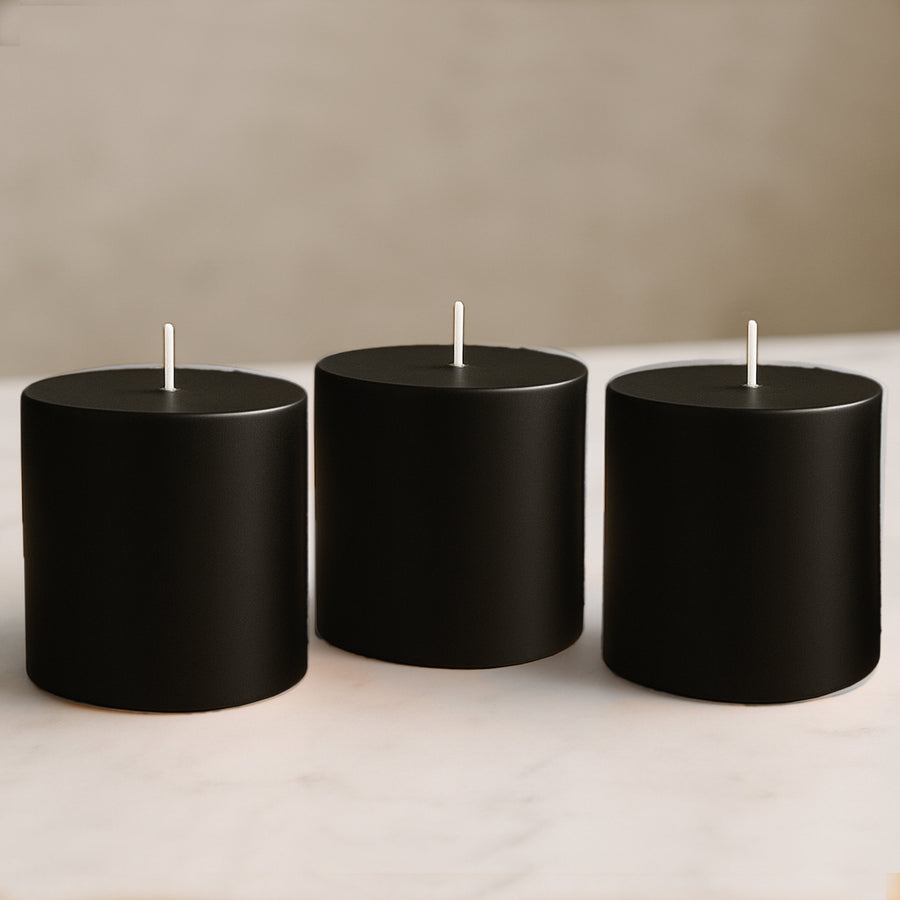 6-Pack Unscented Dripless Pillar Candles – 3x3 Black Paraffin Wax with Smokeless Cotton