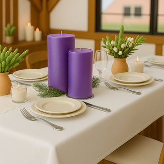 Table setting with purple candles, plates, and decorative elements in a cozy dining scene.