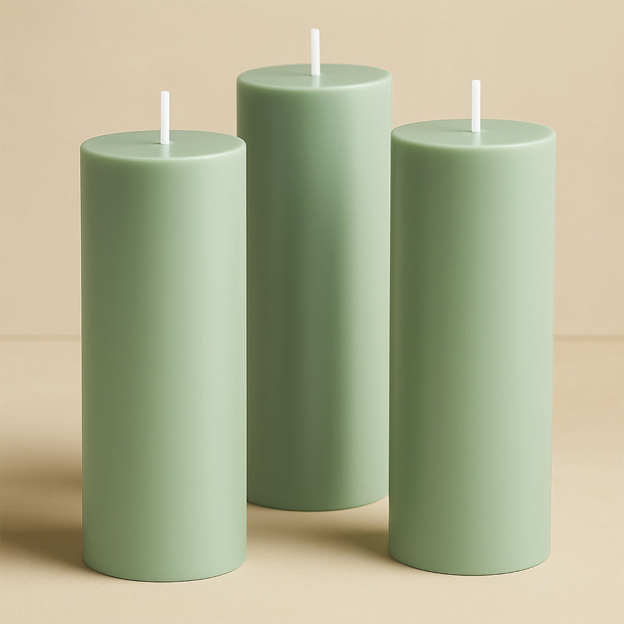 6-Pack Unscented Dripless Pillar Candles 3x9inch Sage Green Paraffin Wax Smokeless Cotton Wicks