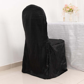 Create an Unforgettable Atmosphere with the Black Crinkle Crushed Taffeta Banquet Chair Cover Create an Unforgettable Atmosphere with the Black Crinkle Crushed Taffeta Banquet Chair Cover