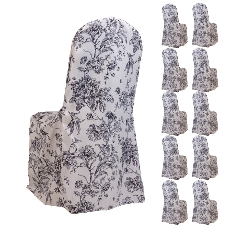 10 Pack Polyester Chair Covers for Banquet Chairs – White Black French Toile Pattern