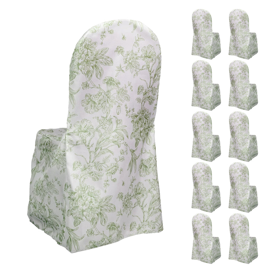 10 Pack Polyester Chair Covers for Banquet Chairs – White Dusty Sage Green French Toile Pattern
