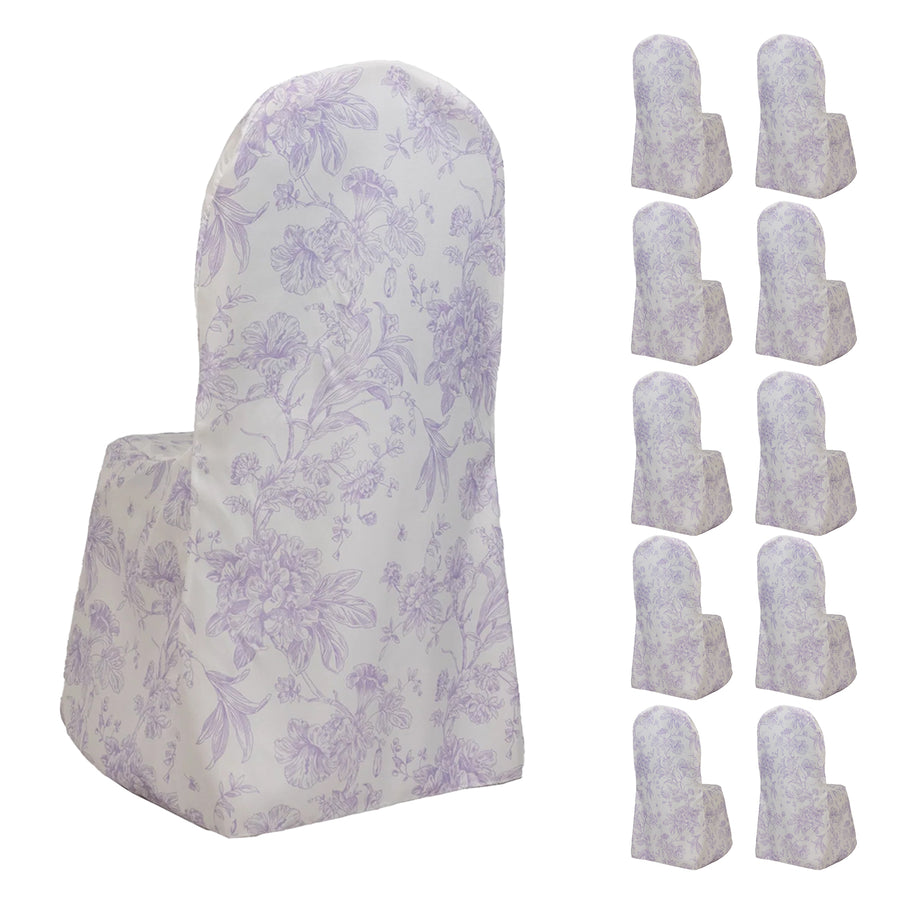 10 Pack Polyester Chair Covers for Banquet Chairs – White Lavender Lilac French Toile