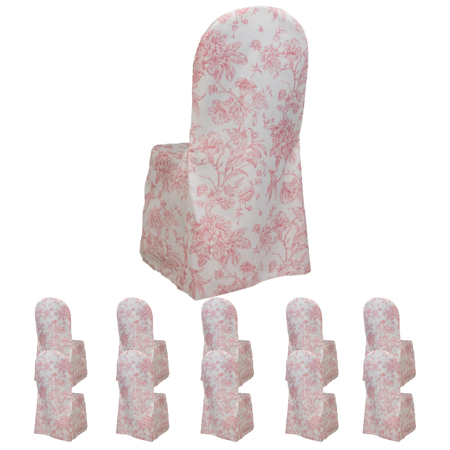 10 Pack Polyester Chair Covers for Banquet Chairs – White Pink French Toile Pattern, Reusable