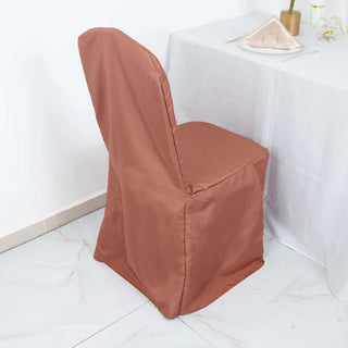 <span>Easy Care Terracotta (Rust) Polyester Banquet Chair Covers</span> <span>Easy Care Terracotta (Rust) Polyester Banquet Chair Covers</span>
