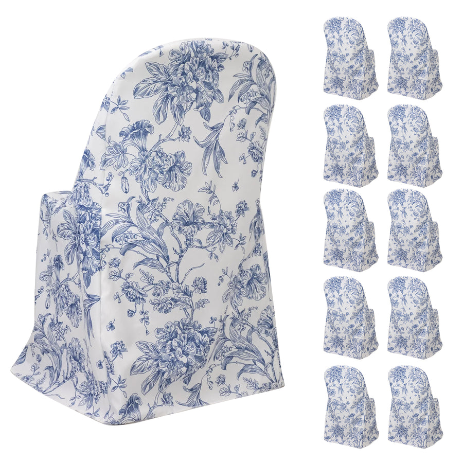 10 Pack Polyester Chair Covers for Folding Chairs – White Blue French Toile Pattern, Reusable
