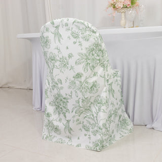 Floral-patterned chair cover displayed in a styled setting.